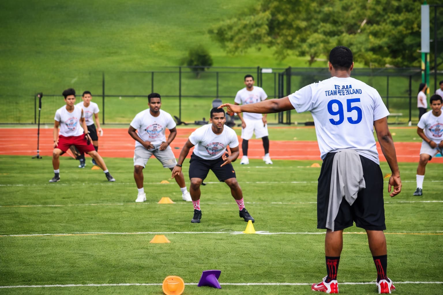 Coaches working with young athletes at a football training camp