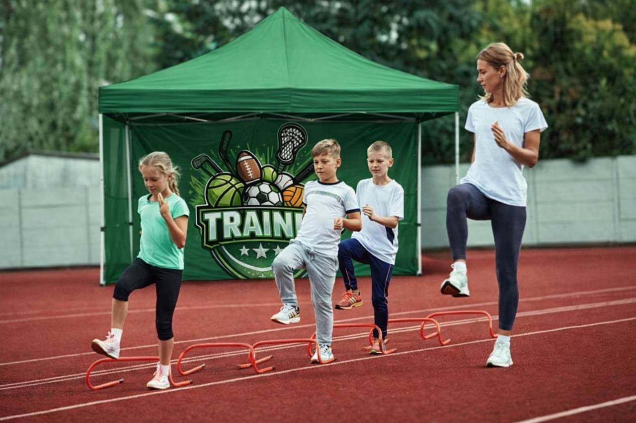 Coach leading youth athletes through stretching and warm-up drills