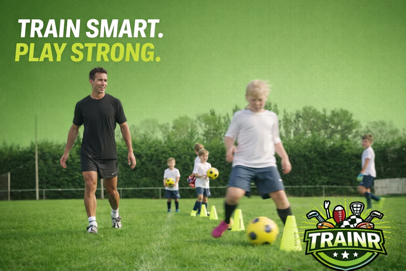 Youth soccer athletes working through a coached dribbling drill